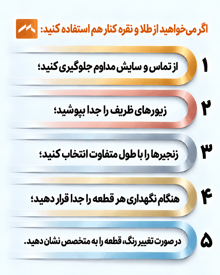 روش بهتر نگهداری: طلا و نقره میتوانند در یک جعبه جواهرات نگهداری شوند، اما هر قطعه بهتر است خانه یا کیسه نرم جداگانه داشته باشد.